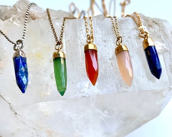 Genuine Stone SPIKE NECKLACE- Colorful Pendant Mineral Necklace- Lapis- Serpentine- Carnelian-Pink Chalcedony- Gold or Sterling Silver Chain