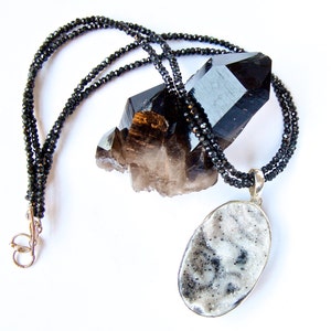 Druzy Statement Necklace: Black Onyx Beaded Choker, Sterling Silver Pendant