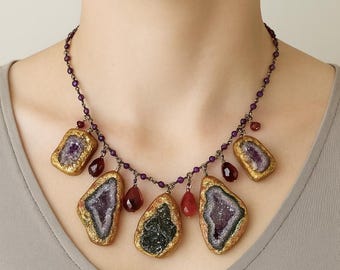 Tourmaline Geode & Amethyst Choker Necklace – Multi Gemstone Gold Resin Statement Jewelry - Pauletta Brooks Wearable Art Artisan Jewelry