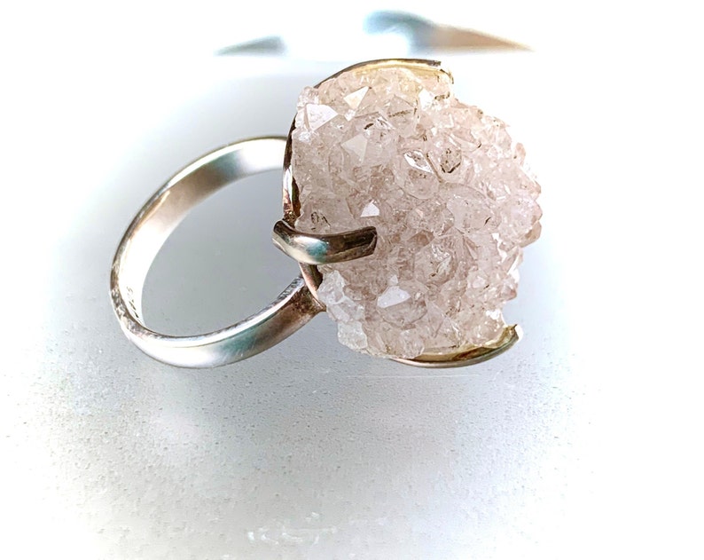 Pink CRYSTAL QUARTZ Druzy Statement Ring/sterling Silver Mineral Ring