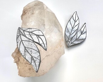 Sculpted Silver Leaf Brooch: Handmade Wearable Art Nouveau Pin. Free Form Silver Metallic LEAF BROOCH with Brushed Silver Patina OOAK Brooch