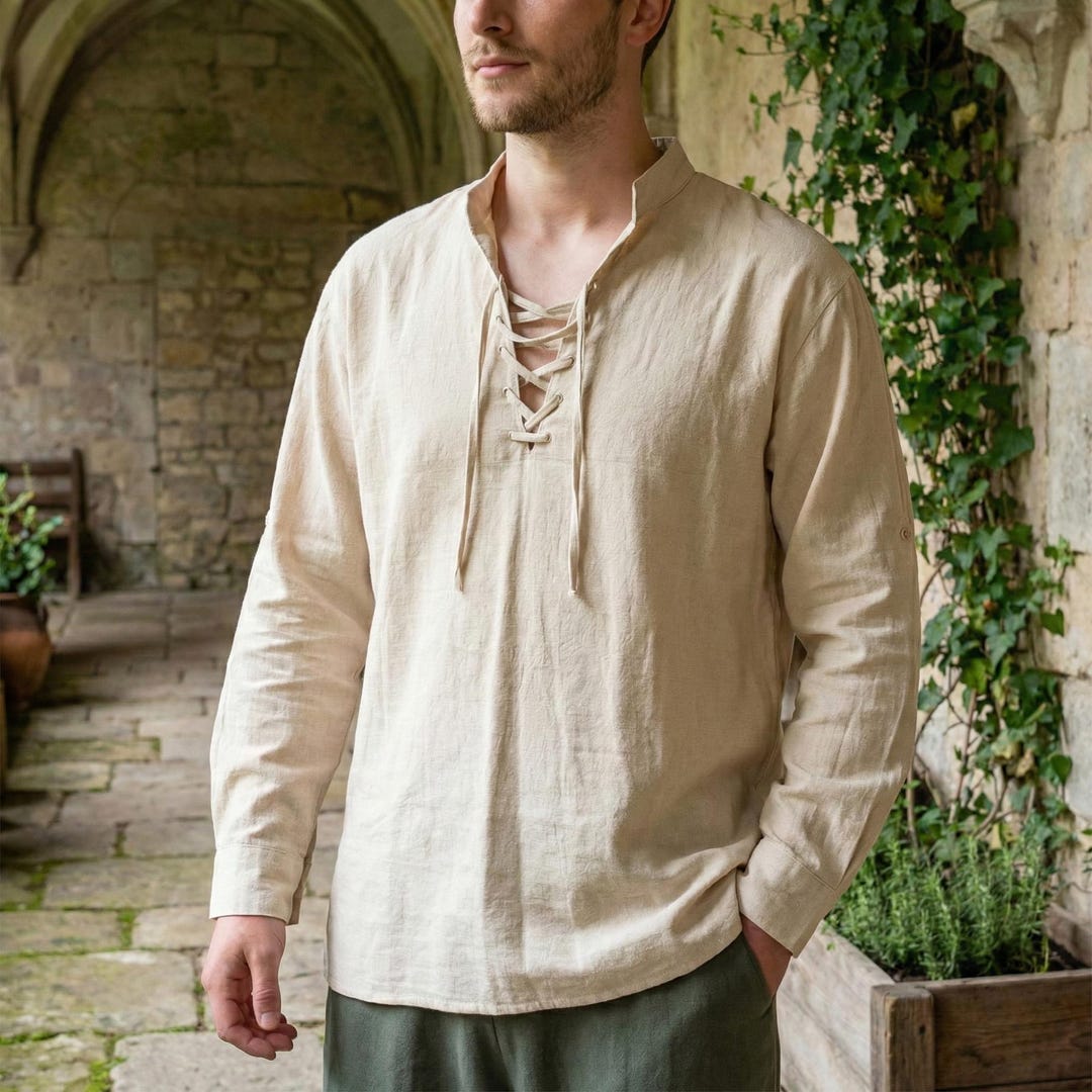 Khaki Medieval Lace-up Tunic Shirt for Men, Vintage Renaissance Larp ...