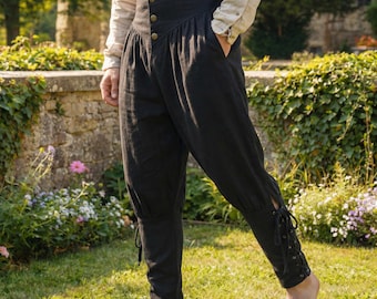 Middeleeuwse linnen katoenen herenbroek, hoge taille veterbroek, renaissancekostuum