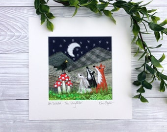 An Scéalaí - The Storyteller. Irish Art Print of Original Textile Art Storyteller Gift Woodland Animal Art Print of Original Art Ireland Art