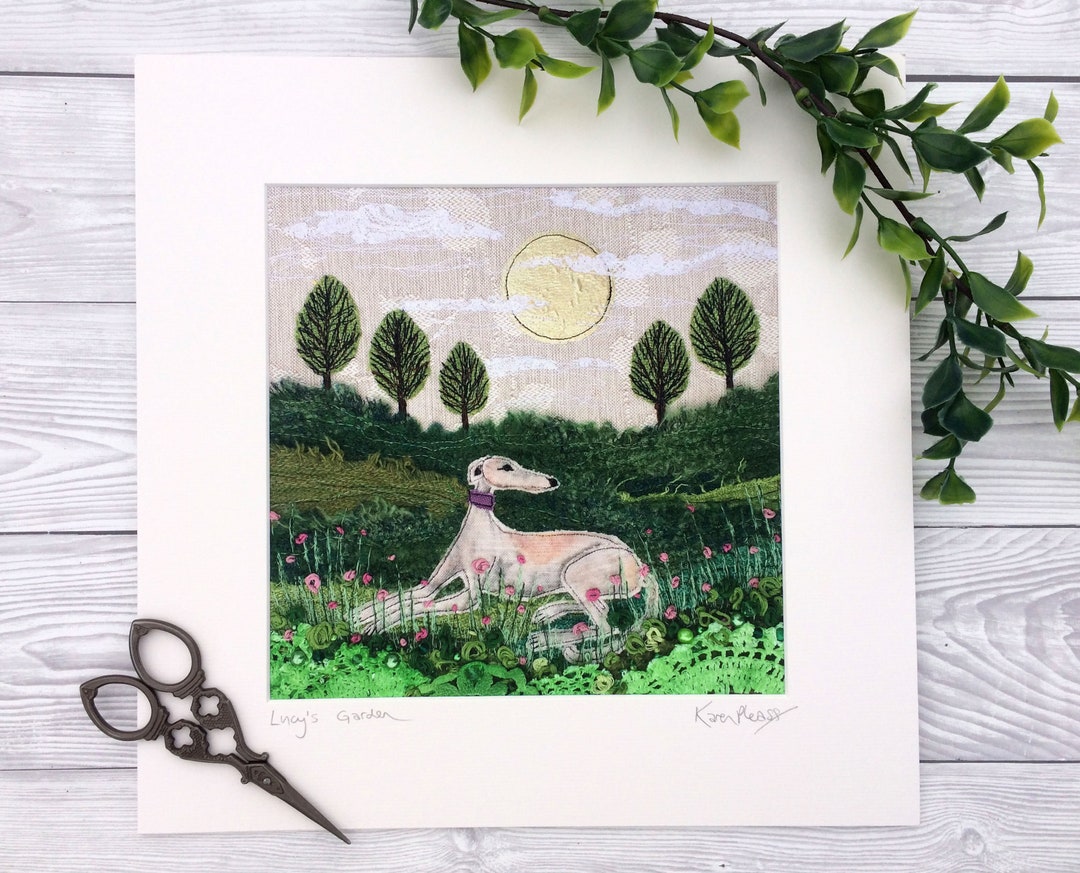 SALE: LURCHER PRINT of Original Textile Art 'lucy's Garden' Irish Art ...