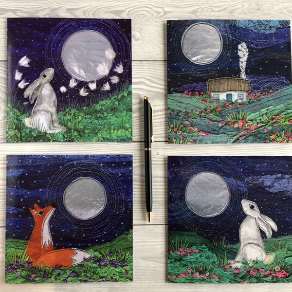 Set of 4 x Irish Textile Art Greetings Cards Prints of Original Textile Art Irish Cottage Fox Art Moongazing Hare Art Bog Cotton Art Cards