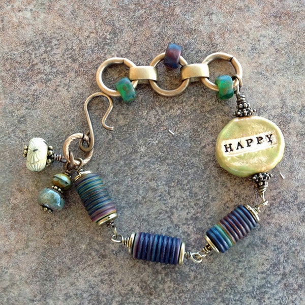 Asymmetrical Lime Green and Blue Boho Brass Bracelet with Lampwork and Ceramic Beads, Chunky Chain