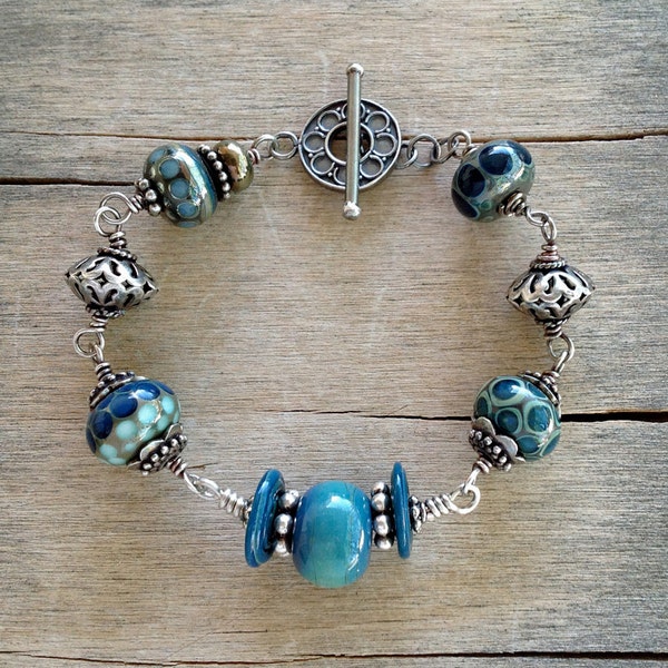 Slate Blue Lampwork Glass Sterling and Bali Silver Wire Wrapped Bracelet