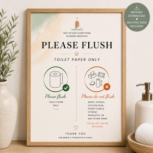 May include: A framed bathroom sign with a light wood frame featuring the text PLEASE FLUSH and TOILET PAPER ONLY. It includes a green circle with a checkmark for toilet paper and an orange circle with an X for wipes, tissues, and other items.