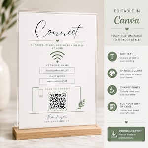 Op de afbeelding: Een verticaal acrylbord in een lichte houten voet met de tekst Connect, Connect, relax, and make yourself at home, Network Name, BoutiqueRetreat_5G, Password, welcomehome123, Scan to connect en Thank you for choosing us met een QR-code.