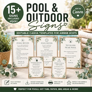 Pool Sign Bundle | 15+ Editable Pool & Outdoor Signs | Canva Template | Pool Rules, Hot Tub Rules, Pool Hours | Vacation Rental Signs