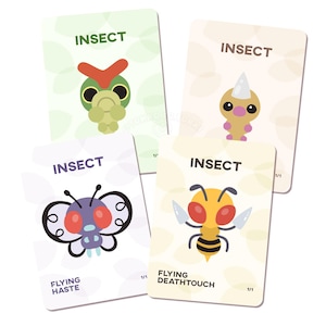 May include: Four illustrated insect cards with the word "INSECT" at the top. The cards feature cartoon insects: a green caterpillar, a yellow bee, a purple butterfly, and a brown insect with a horn. The bee card reads "FLYING DEATHTOUCH".