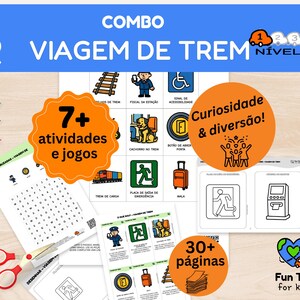 May include: A colorful educational combo pack for kids, featuring train travel-themed activities and games. Includes over 30 pages of content, with a variety of puzzles, coloring pages, and illustrations. The pack is designed for different skill levels.