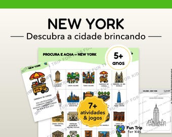 Travel Games for Children New York (5+ years) – Print Kit – Activities Without Canvas – Explore a City Brincando – PDF in Português