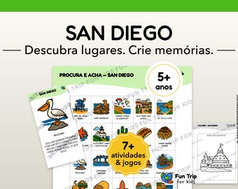 Travel Games for Children in San Diego (5+ years) – Print Kit – Activities Without Canvas – Explore the City of Brincando – PDF in Português