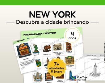 Travel Jogos for Children New York (4 years) – Print Kit – Activities Without Canvas – Explore a City Brincando – PDF in Português