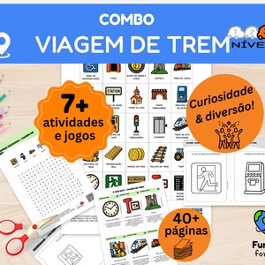 May include: A colorful educational activity set for kids with the text "VIAGEM DE TREM" and "7+ atividades e jogos". Includes activity sheets, pencils, and scissors. The set has over 40 pages.
