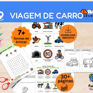Könnte beinhalten: Ein farbenfrohes Lernspielset für Kinder mit dem Text "VIAGEM DE CARRO" und "Fun Trip for kids". Enthält ein Wortsuchrätsel, Malvorlagen und Illustrationen. Enthält den Text "7+ formas de brincar" und "30+ páginas".