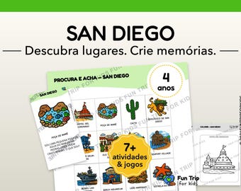Travel Jogos for Crianças San Diego (4 years) – Print Kit – Activities Without Canvas – Explore a City of Brincando – PDF in Português