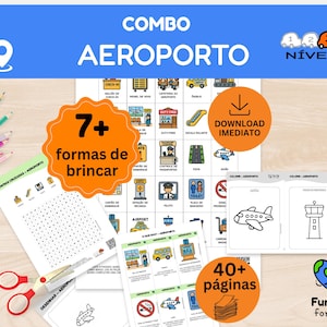 Könnte beinhalten: Ein lehrreiches Kombipaket für Kinder mit Flughafen-Thema. Enthält Arbeitsblätter, Malvorlagen und ein Wortsuchrätsel. Mit dem Text "COMBO AEROPORTO" und "7+ formas de brincar". Enthält einen Download-Button.