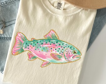 Comfort Colors® Fish Shirt, Rainbow Trout Fishing Shirt, Preppy Summer Graphic Tee, Bright Color Fish T-Shirt, Outdoor Girls Fishing Shirt