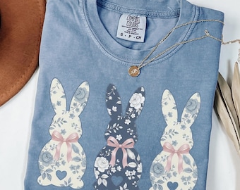 Comfort Colors® Faux Patchwork Bunny Shirt, Vintage Cottagecore Easter Shirt, Spring Floral Graphic Tee, Gift for Women