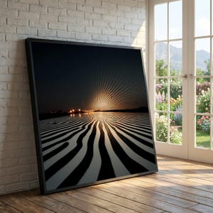 Tela con riflessi di luce astratti, arte murale moderna con illusione ottica, arredamento per la casa in nero e oro, design contemporaneo su tela