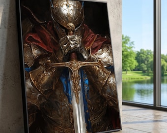 Medieval Knight Armor Canvas, Golden Sword Wall Art, Historical Warrior Decoration, Fantasy Armor Canvas, Regal Home Wall Art