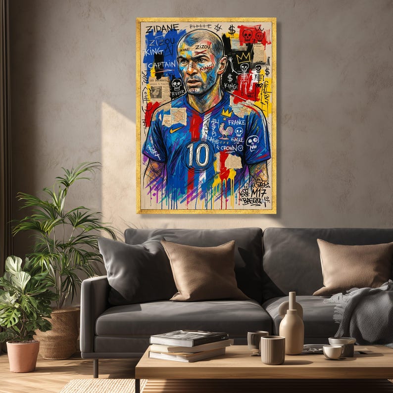 Zidane Fußball Porträt Leinwand, Fußball Kunstdruck, Frankreich Jersey Wandkunst, Mixed Media Leinwand, Sportlegende Dekoration Bild 2
