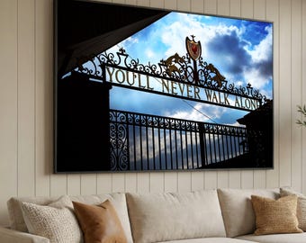 Kultige verzierte Tor-Leinwand, You'll never Walk Alone Schild, inspirierende Wandkunst,pfirsichen Fußball-Zitat, Himmel-Hintergrund-Dekoration