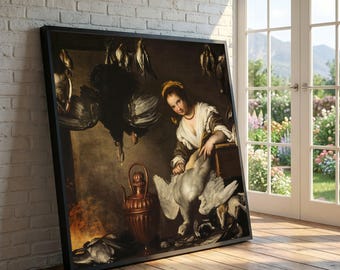 De kok van Bernardo Strozzi, canvas wanddecoratie, barokke keukenscène, vintage culinair schilderij, stilleven met wild gevogelte, klassiek Europees