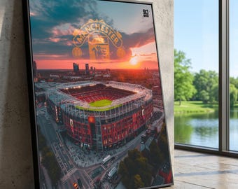 Old Trafford Stadion Leinwand Wandkunst, Fußball-Arena, Sonnenuntergang Stadtbild, Sportstätte Leinwand, Fußballstudio Fotografie, Zuhause