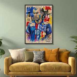Zidane Fußball Porträt Leinwand, Fußball Kunstdruck, Frankreich Jersey Wandkunst, Mixed Media Leinwand, Sportlegende Dekoration Bild 6