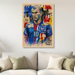 Zidane Fußball Porträt Leinwand, Fußball Kunstdruck, Frankreich Jersey Wandkunst, Mixed Media Leinwand, Sportlegende Dekoration Bild 4