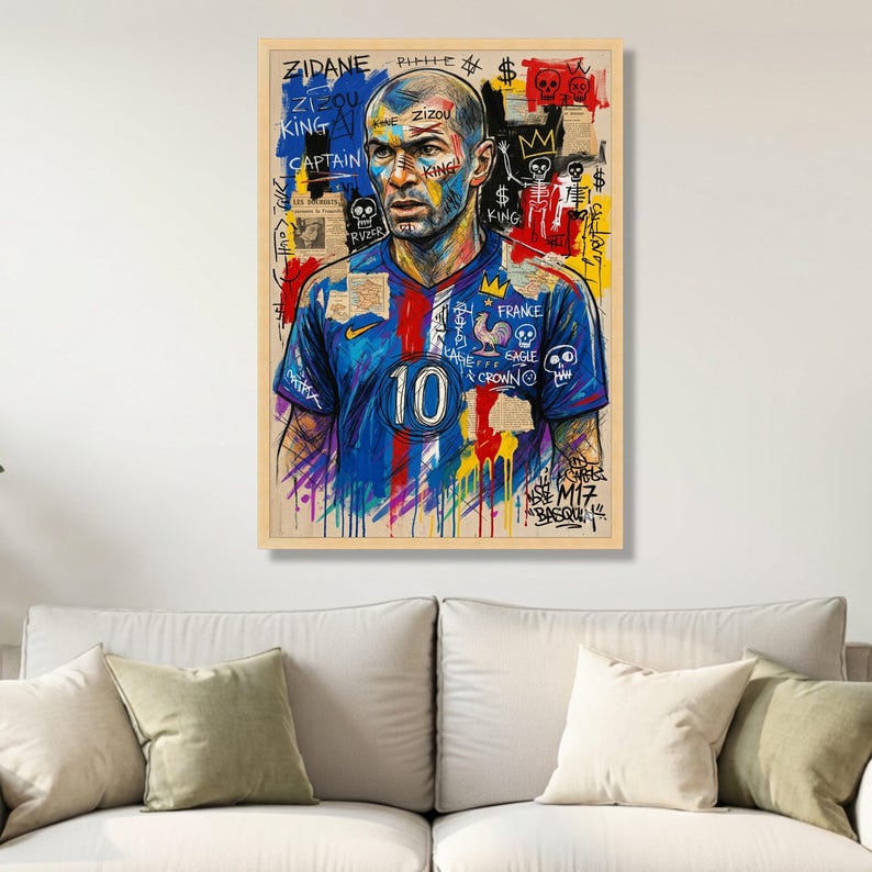 Zidane Fußball Porträt Leinwand, Fußball Kunstdruck, Frankreich Jersey Wandkunst, Mixed Media Leinwand, Sportlegende Dekoration Bild 4