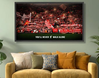 Lila Fan Menge Leinwand, You'll Never Walk Alone Banner, Fußballstadien Wandkunst, Fußballfans Leinwand, dramatische Sportszene