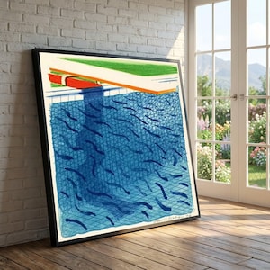 David Hockney-stil poolillustration canvas väggkonst, modern minimalistisk blå vattendesign, abstrakt pooltryck, modernt hem