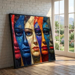 Abstract Faces Canvas Wall Art, Colorful Multiface Portrait, Modern Expressionist Canvas, Contemporary Home Decoration, Vibrant Wall Art