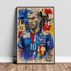 Zidane Fußball Porträt Leinwand, Fußball Kunstdruck, Frankreich Jersey Wandkunst, Mixed Media Leinwand, Sportlegende Dekoration Bild 5