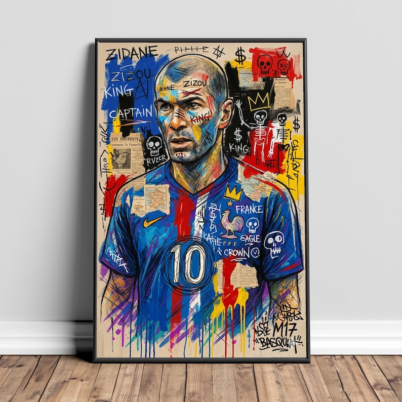 Zidane Fußball Porträt Leinwand, Fußball Kunstdruck, Frankreich Jersey Wandkunst, Mixed Media Leinwand, Sportlegende Dekoration Bild 5