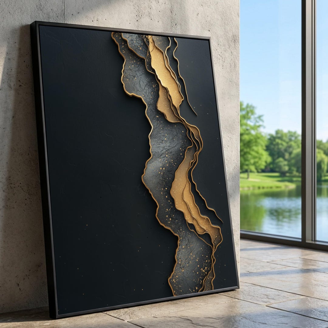 Elegant Black and Gold Abstract Waves Canvas Wall Art, Contemporary ...