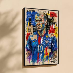 Zidane Fußball Porträt Leinwand, Fußball Kunstdruck, Frankreich Jersey Wandkunst, Mixed Media Leinwand, Sportlegende Dekoration Bild 3