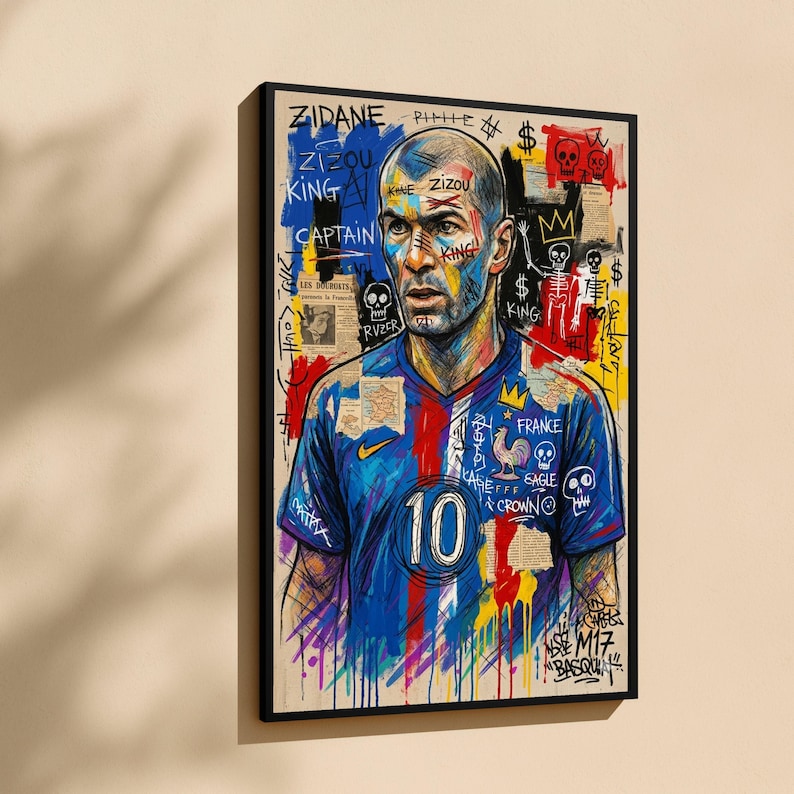 Zidane Fußball Porträt Leinwand, Fußball Kunstdruck, Frankreich Jersey Wandkunst, Mixed Media Leinwand, Sportlegende Dekoration Bild 3