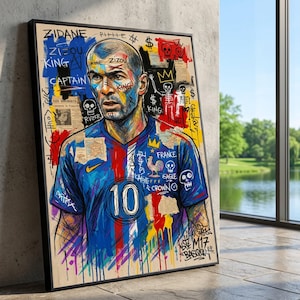 Zidane Fußball Porträt Leinwand, Fußball Kunstdruck, Frankreich Jersey Wandkunst, Mixed Media Leinwand, Sportlegende Dekoration Bild 1
