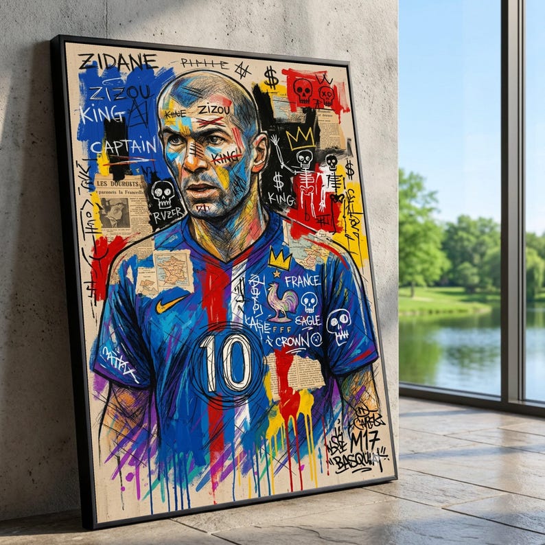 Zidane Fußball Porträt Leinwand, Fußball Kunstdruck, Frankreich Jersey Wandkunst, Mixed Media Leinwand, Sportlegende Dekoration Bild 1