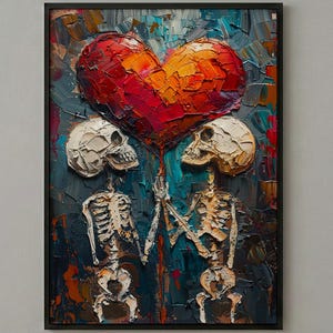 Puede incluir: Pintura enmarcada que presenta dos esqueletos tomados de la mano debajo de un gran corazón texturizado. El corazón es una mezcla de tonos rojos y naranjas, mientras que los esqueletos son blanquecinos sobre un fondo oscuro y texturizado.