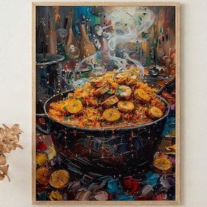 Puede incluir: Pintura enmarcada que representa una gran sartén negra llena de paella humeante. El plato está adornado con rodajas de naranja y hierbas. La obra de arte tiene un estilo texturizado e impresionista, con colores vibrantes y pinceladas visibles. El fondo muestra una escena de cocina.