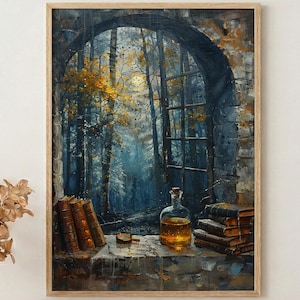 May include: A framed art print depicts a forest scene viewed through an arched window. The artwork features a bottle, books, and a stone ledge. The forest is rendered in shades of blue, gold, and brown, creating a serene atmosphere.