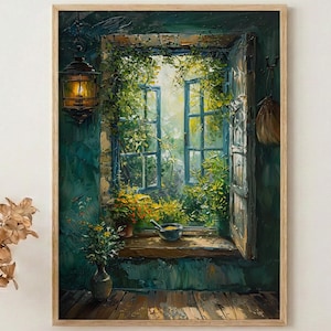 Puede incluir: Pintura enmarcada que representa una ventana abierta con exuberante vegetación y luz solar. La ventana está pintada en tonos azules y verdes, con un marco de madera. Una linterna cuelga de la pared. Un jarrón con flores descansa sobre una superficie de madera.