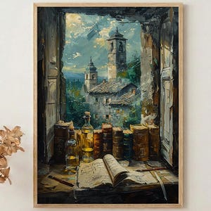 Puede incluir: Pintura al óleo de una escena de un pueblo europeo enmarcada por una ventana. La obra de arte presenta una vista de una iglesia con una alta torre campanario, libros, botellas y un libro abierto con notas musicales. La pintura está en un marco de madera.